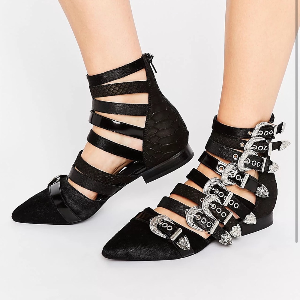Jeffrey Campbell Psych Multi Buckle Flat Ankle Boots Western Black Suede - 6